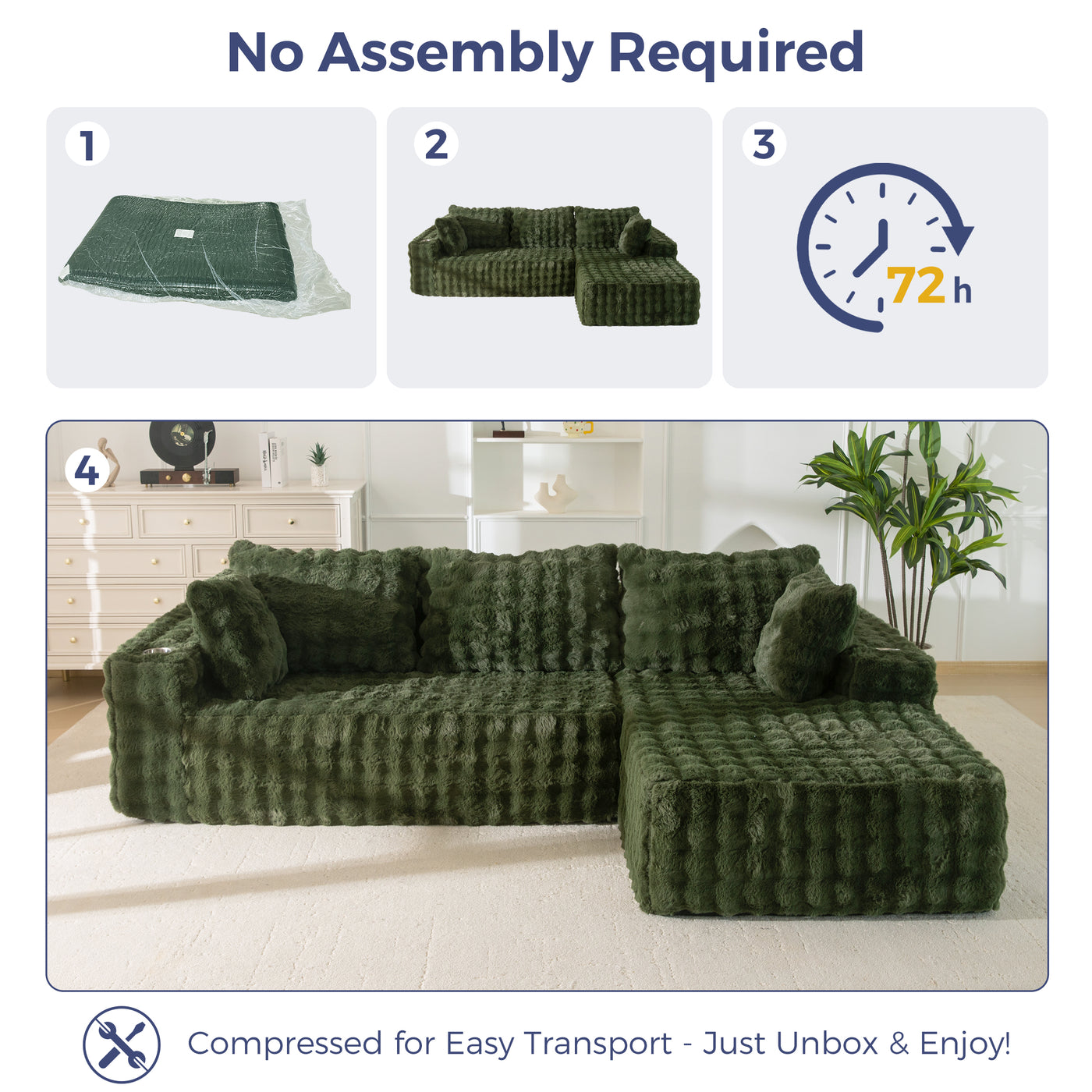 MAXYOYO 104" Modular Sectional Couch with L-Shape Chaise, Modern Boneless Couch for Living Room, Sofa in A Box, Oversized Sofa Sleeper with Deep Seat, No Assembly Required, Green