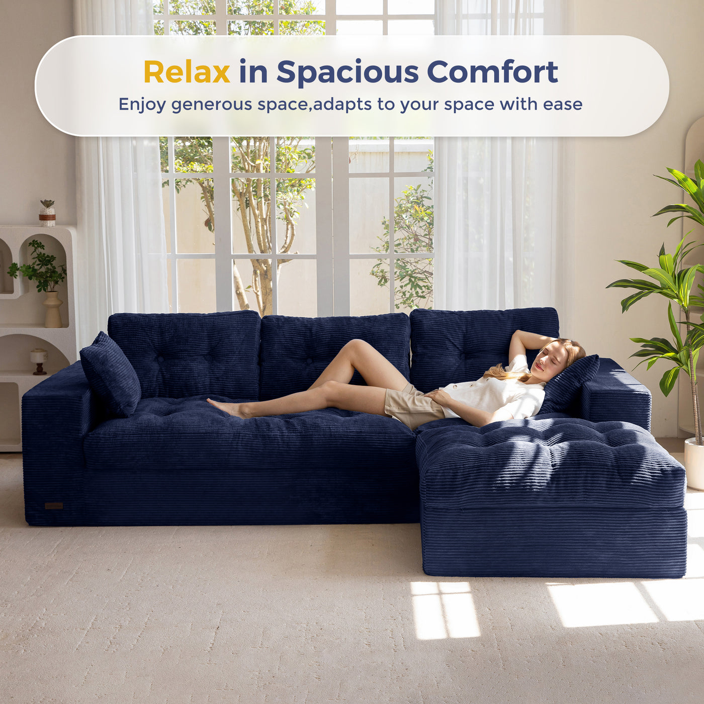 MAXYOYO L Shaped Sectional Sofa with Ottoman, Cloud Boneless Couch with Layered Cushion, Upholstered Modular Sofa with Tufting, Flexible Module Combination for Living Room, No Assembly Required, Navy