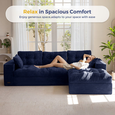 MAXYOYO L Shaped Sectional Sofa with Ottoman, Cloud Boneless Couch with Layered Cushion, Upholstered Modular Sofa with Tufting, Flexible Module Combination for Living Room, No Assembly Required, Navy