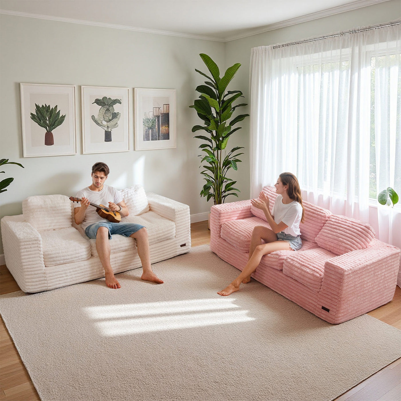 MAXYOYO 3-Seater Faux Fur Sofa – Fluffy Boneless Couch with Pillows in a Box, Faux Fur Lounge, No Assembly