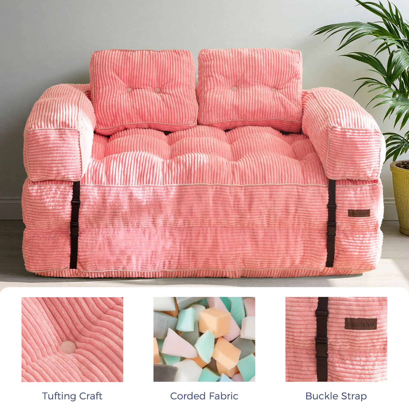 MAXYOYO L-Shaped Folding Sofa Bed – 2-Seat Foldable Couch, Pink