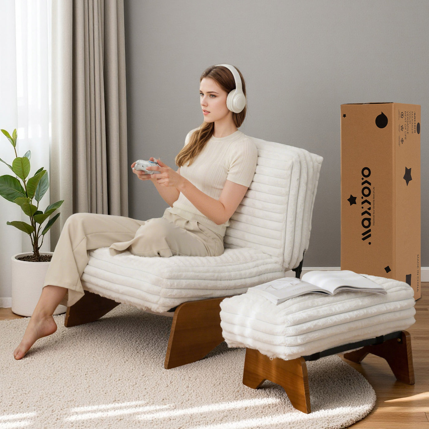 MAXYOYO Adjustable Accent Chair with Ottoman – Upholstered Lounge Set for Living Room or Bedroom, Beige