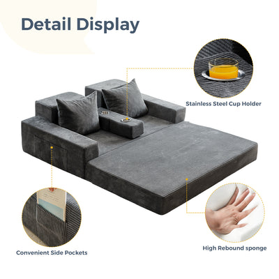 MAXYOYO Loveseat Floor Sofa Bed – Corded 4-in-1 Reclining Couch with Cup Holders & Pillows, Dark Grey