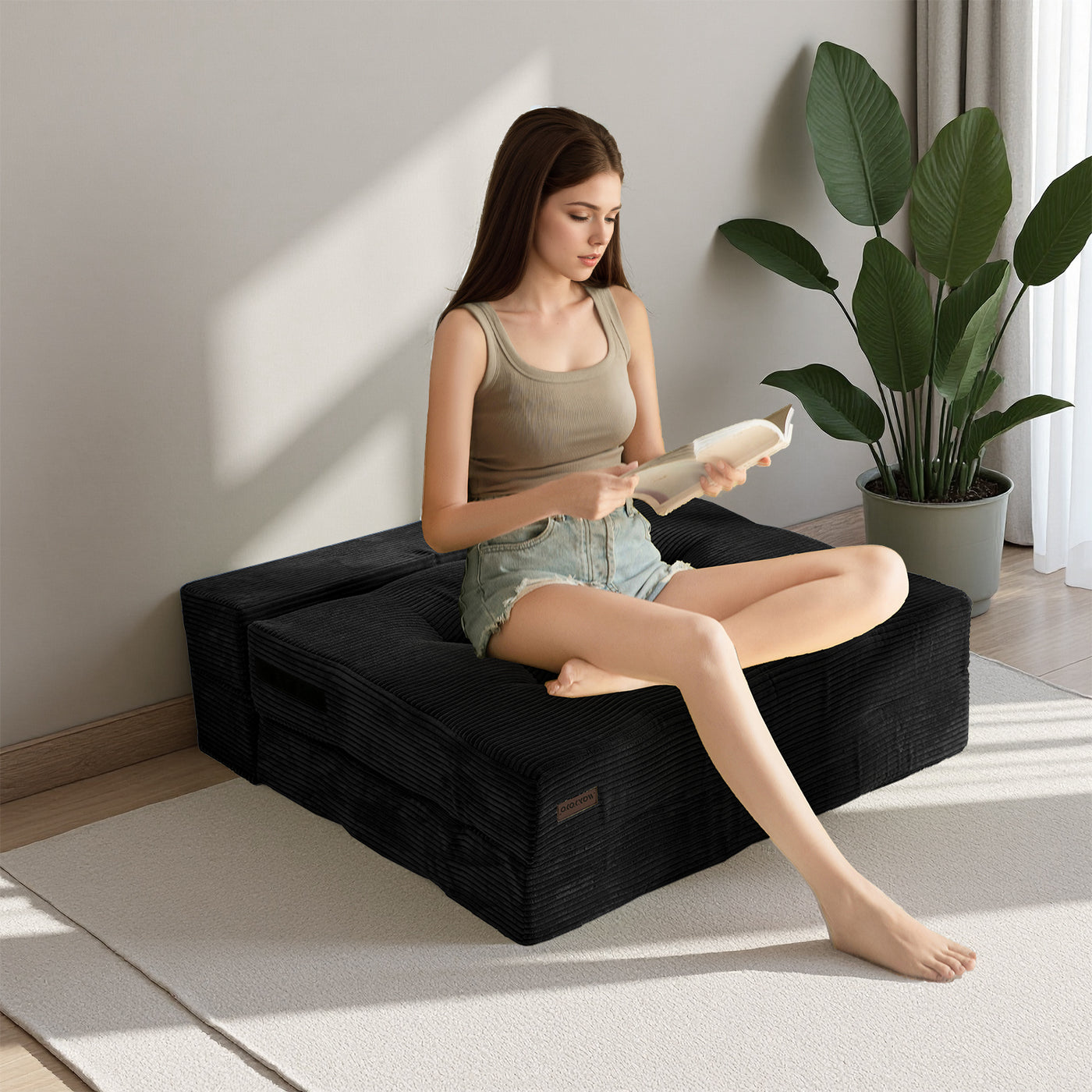 MAXYOYO 4-in-1 Convertible Sofa Bed Chair – Tufted Folding Floor Couch with Pillow, Black