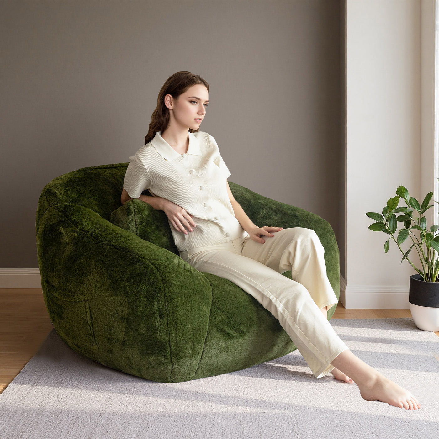 MAXYOYO Bean Bag Chair with Pillow - Plush Giant Bean Bag Chair Couch with Headrest (Zippered Link Pillow), Green