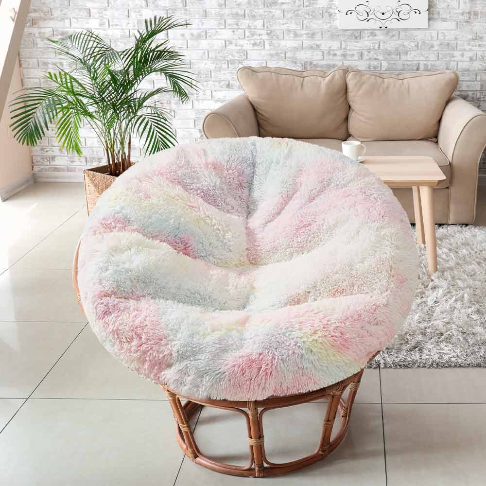 MAXYOYO Large faux fur papasan cushion (cushion only), round pillow, papasan pillow for swing and hanging chair, Rainbow