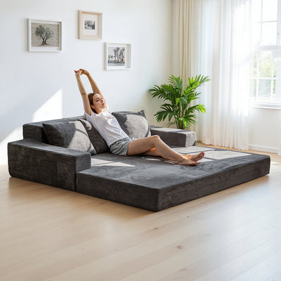 MAXYOYO 3-Seater Floor Sofa Bed – Corded 4-in-1 Reclining Couch with Cup Holders & Pillows, Dark Grey
