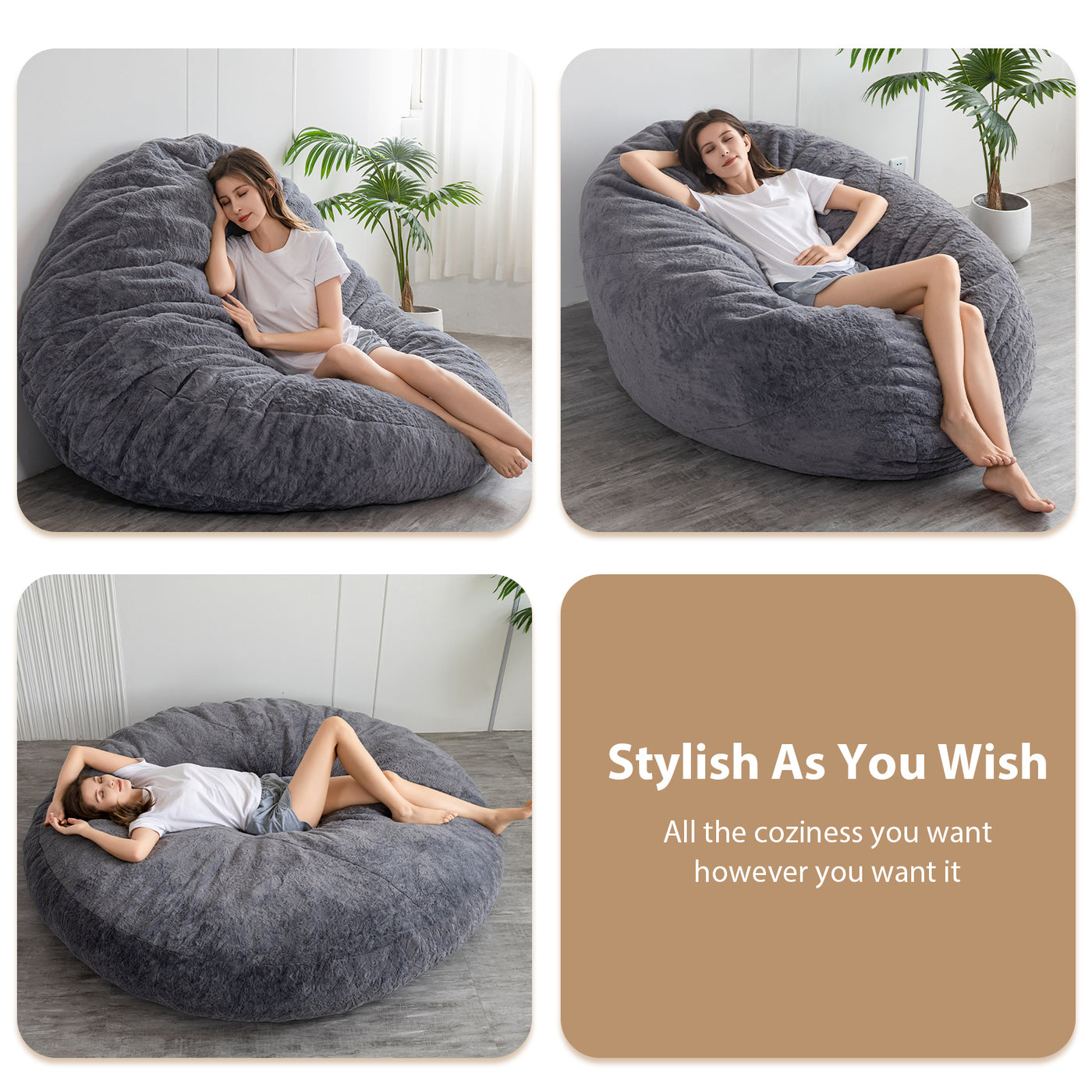 MAXYOYO Giant Fur Bean Bag Chair - Round Fluffy Bean Bag for Adult, Dark Grey