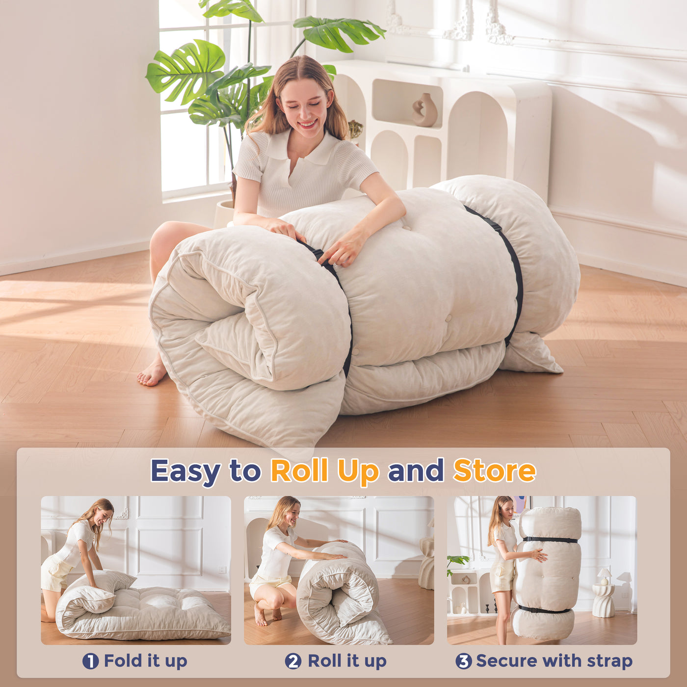 MAXYOYO Floor Futon Mattress, 6 Inch Tufted Folding Mattress with Chenille Fabric, Floor Sofa Bed Guest Couch Bed for Adults, Beige