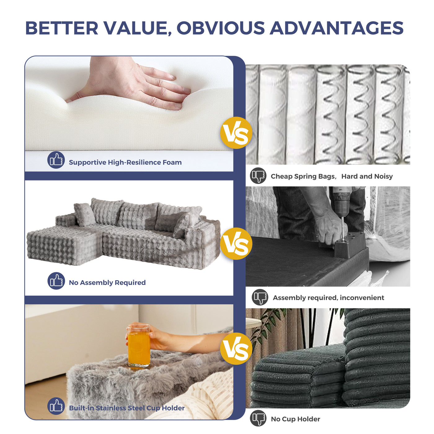 MAXYOYO 104" Modular Sectional Couch with L-Shape Chaise, Modern Boneless Couch for Living Room, Sofa in A Box, Oversized Sofa Sleeper with Deep Seat, No Assembly Required, Grey