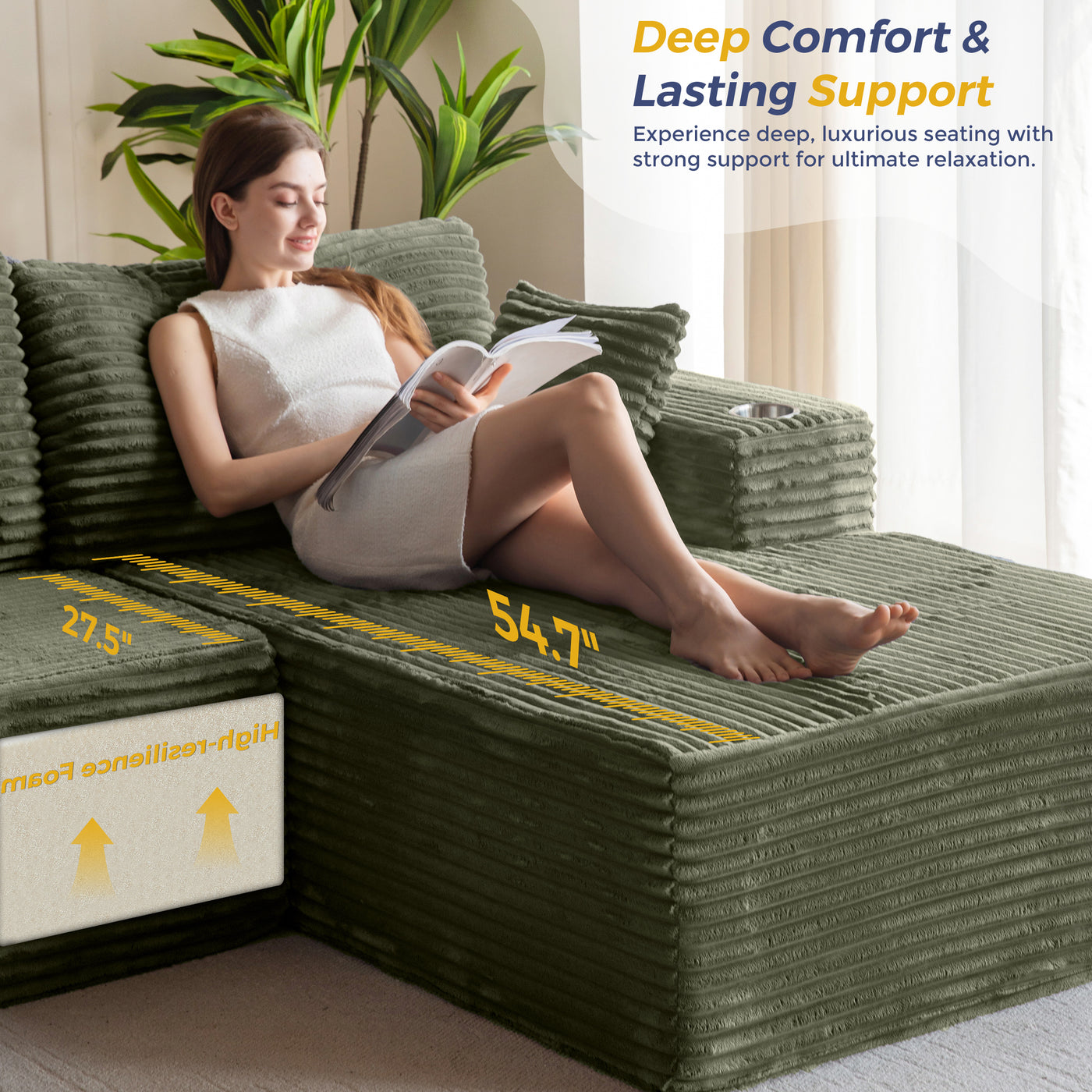 MAXYOYO 104" Modular Sectional Couch with L-Shape Chaise, Modern Boneless Couch for Living Room, Sofa in A Box, Oversized Sofa Sleeper with Deep Seat, No Assembly Required, Green