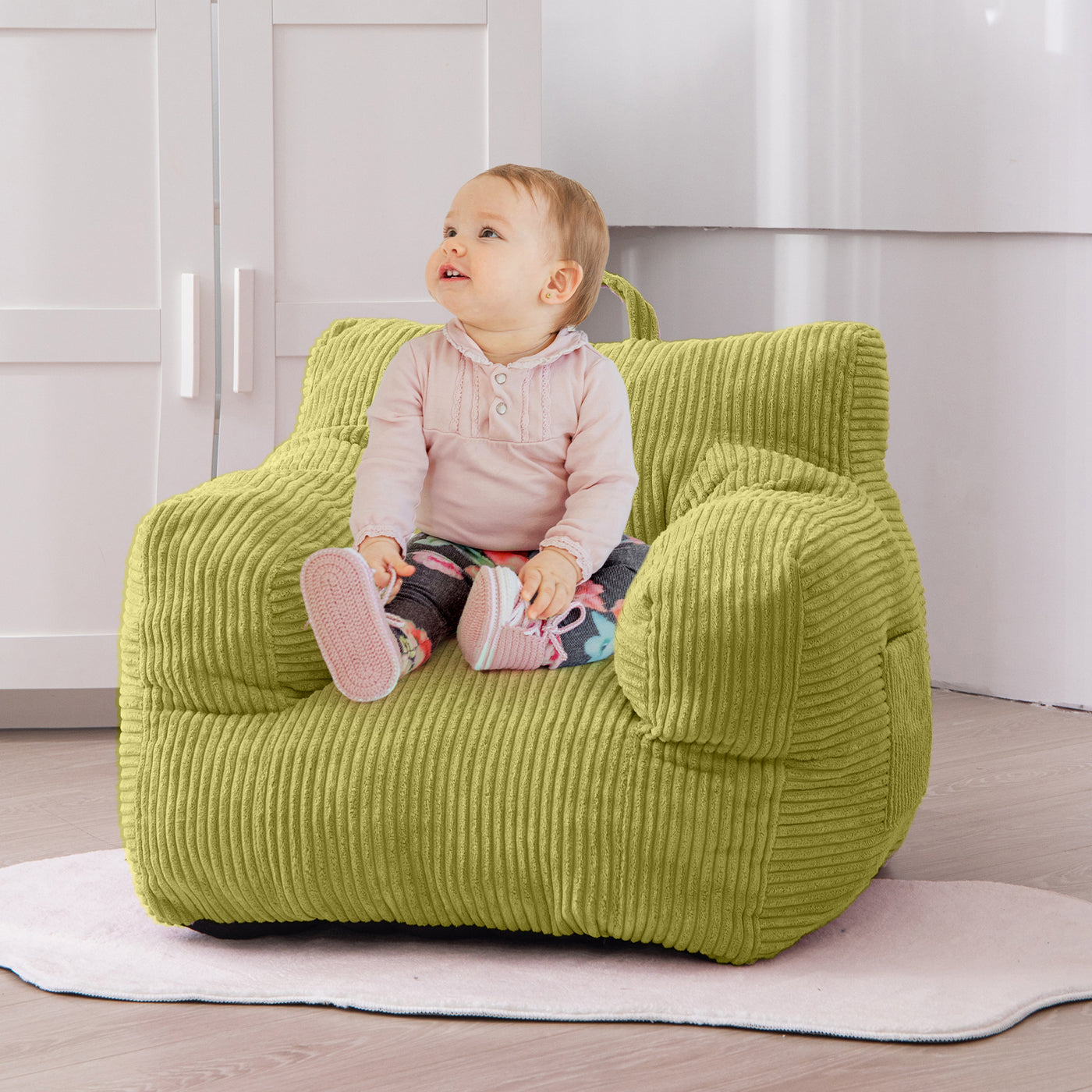 MAXYOYO Kids Bean Bag Chair, Corduroy Bean Bag Couch with Armrests for Children's Room (Green)
