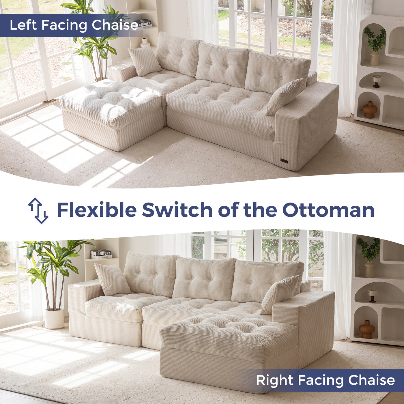 Beige sectional sofa with ottoman in a living room setting, showing flexible switch feature.
