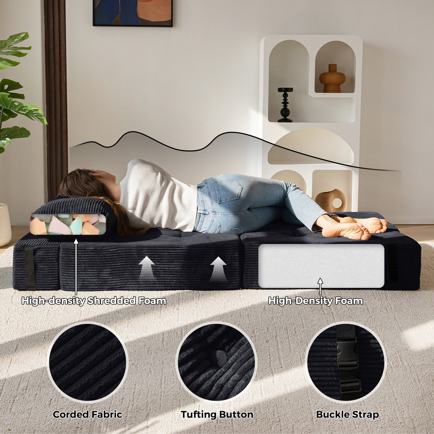 MAXYOYO Folding Sofa Bed, Convertible Sofa Bed with High-Density Support Foam for Living Room Bedroom, Black