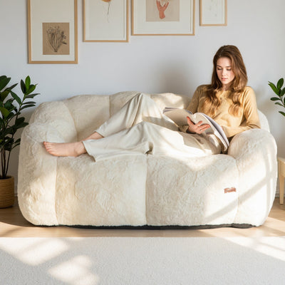 MAXYOYO Bean Bag Chair, Ultra Soft Faux Fur Loveseat Floral Petal Back Sofa for Adults, Double Size (Beige)