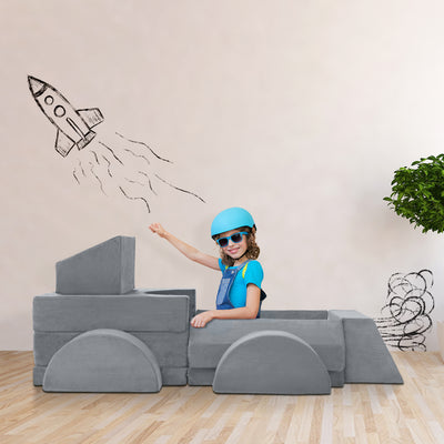 MAXYOYO 10-Piece Modular Convertible Kids Play Couch Sofa Set with Removable Velvet Covers (Grey)