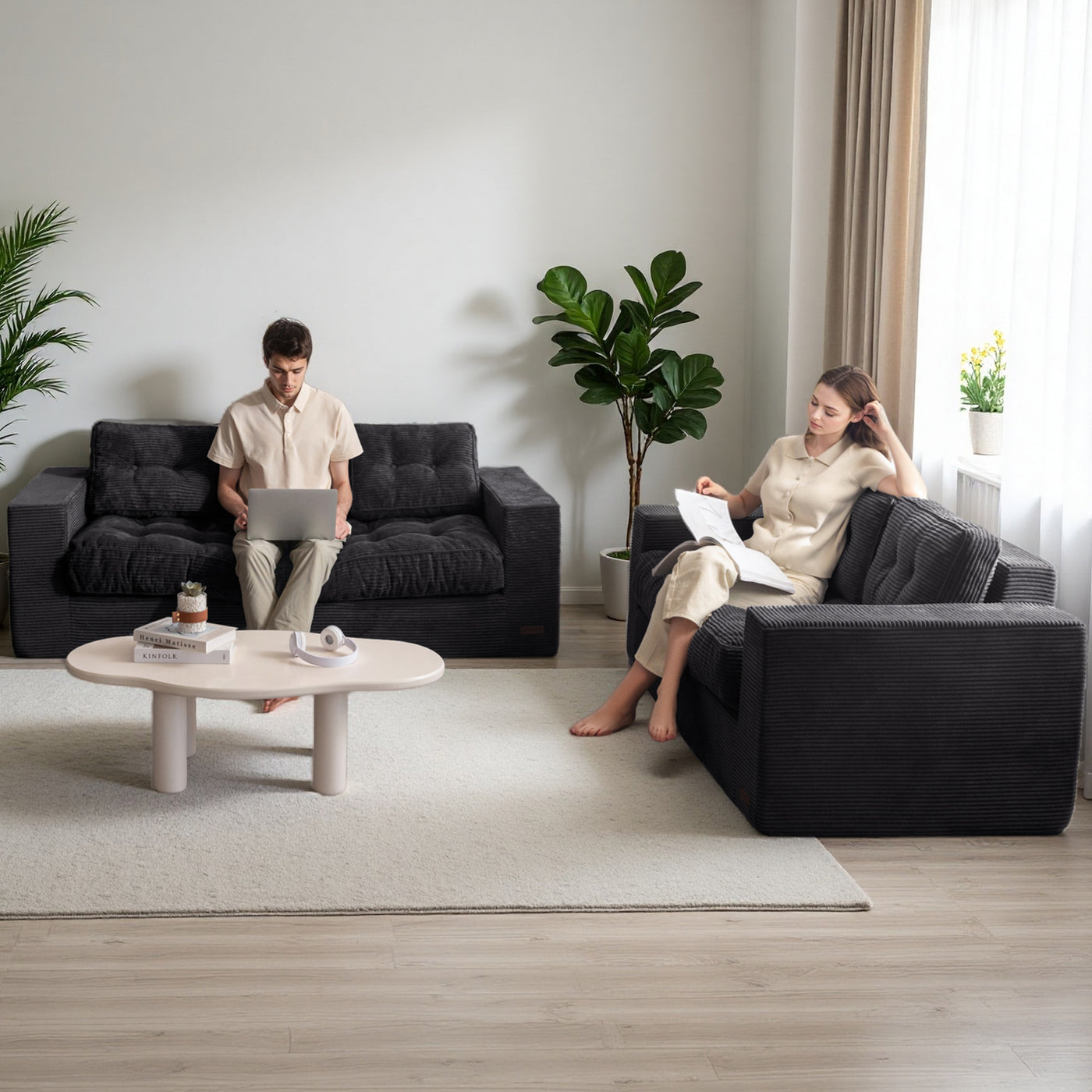 MAXYOYO 3 Seater Couch for Living Room - Boneless Couch, Sofa in A Box, No Assembly Required, Black