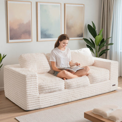 MAXYOYO 3-Seater Faux Fur Sofa – Fluffy Boneless Couch with Pillows in a Box, Faux Fur Lounge, No Assembly