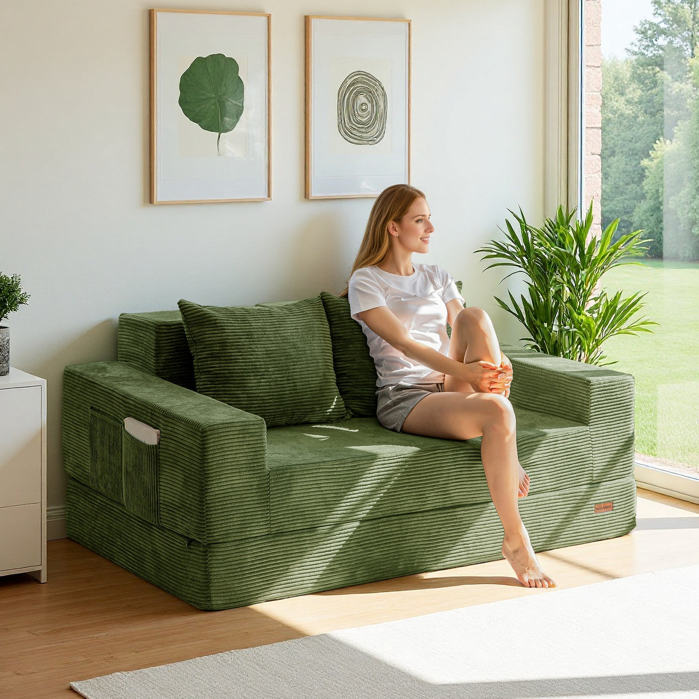 MAXYOYO Loveseat Sofa Bed in a Box – Corded 4-in-1 Floor Couch with Cup Holders, No Tools Needed, Dark Green