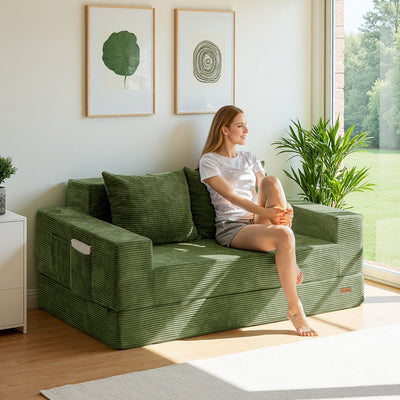 MAXYOYO Loveseat Sofa Bed in a Box – Corded 4-in-1 Floor Couch with Cup Holders, No Tools Needed, Dark Green