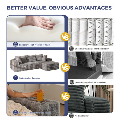 MAXYOYO 104" Modular Sectional Couch with L-Shape Chaise, Modern Boneless Couch for Living Room, Sofa in A Box, Oversized Sofa Sleeper with Deep Seat, No Assembly Required, Grey