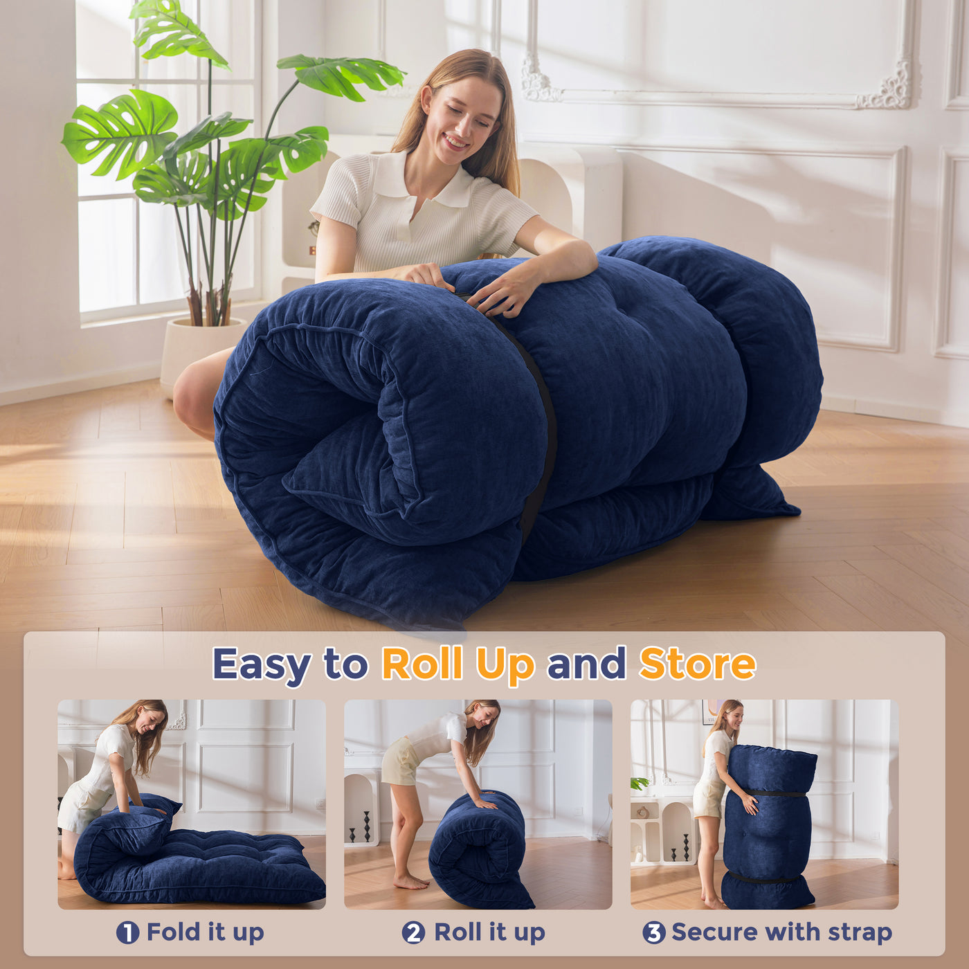 MAXYOYO Floor Futon Mattress, 6 Inch Tufted Folding Mattress with Chenille Fabric, Floor Sofa Bed Guest Couch Bed for Adults, Navy
