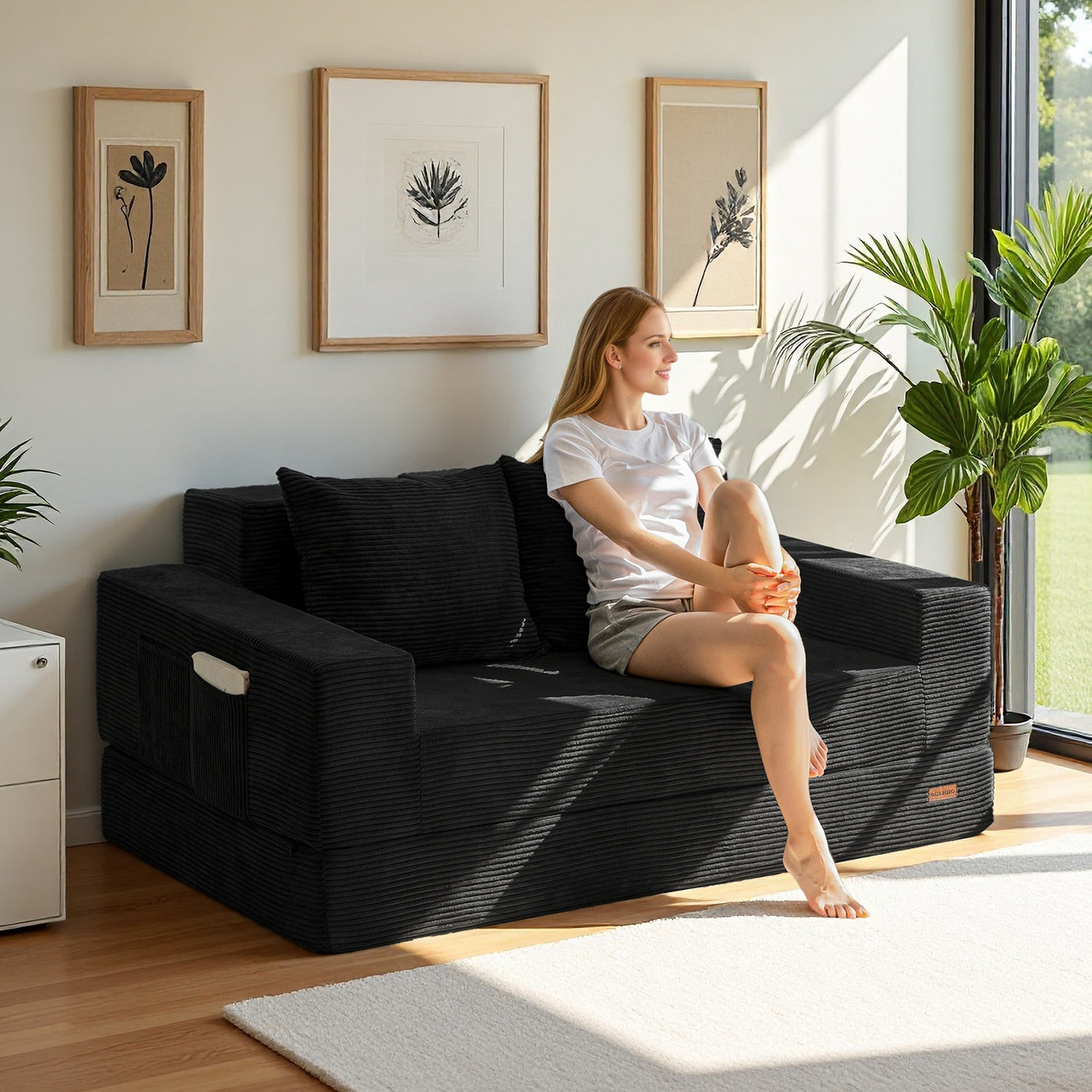 MAXYOYO 4-in-1 Loveseat Foldable Sofa Bed – Corded Convertible Floor Couch with Cup Holders, No Assembly, Black