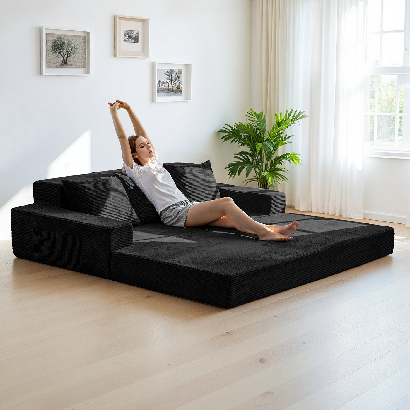 MAXYOYO 4-in-1 3-Seater Foldable Sofa Bed – Corded Convertible Floor Couch with Cup Holders, No Assembly, Black