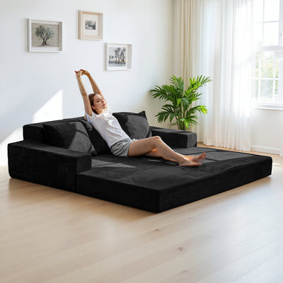 MAXYOYO 4-in-1 3-Seater Foldable Sofa Bed – Corded Convertible Floor Couch with Cup Holders, No Assembly, Black
