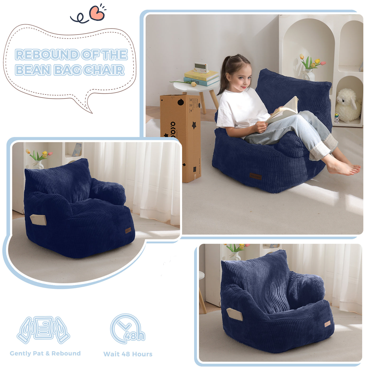 MAXYOYO Kids Bean Bag Chair, Stuffed Toddler Bean Bag Sofa with Filler Cozy for Boys and Girls, Lazy Sofa with Pocket Floor Chair for Gaming, Reading, Navy