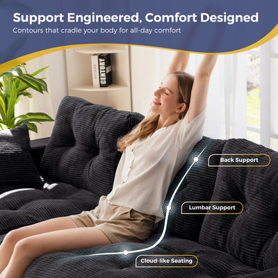 MAXYOYO L Shaped Sectional Sofa with Ottoman, Cloud Boneless Couch with Layered Cushion, Upholstered Modular Sofa with Tufting, Flexible Module Combination for Living Room, No Assembly Required, Black