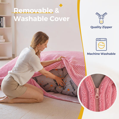 MAXYOYO Giant Bean Bag Chair with Pillow, 3 in 1 Convertible Bean Bag Bed for Adults with Washable Cover, Removable Floor Cushion Stuffed Floor Lounger for Living Room Bedroom, Pink