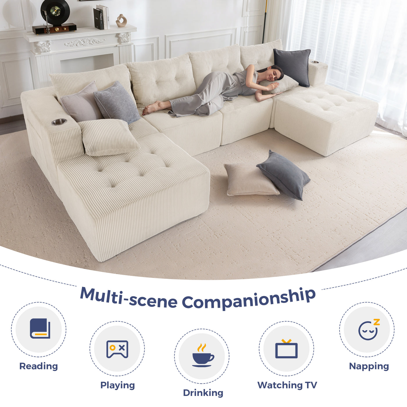 MAXYOYO Modular Sectional Sofa Couch, U Shaped Modern Cloud Couch with 2 Ottomans, Sofa in A Box, Tufted 6-Seat Boneless Sleeper Chair for Living Room, No Assembly Required, Beige