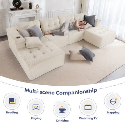 MAXYOYO Modular Sectional Sofa Couch, U Shaped Modern Cloud Couch with 2 Ottomans, Sofa in A Box, Tufted 6-Seat Boneless Sleeper Chair for Living Room, No Assembly Required, Beige