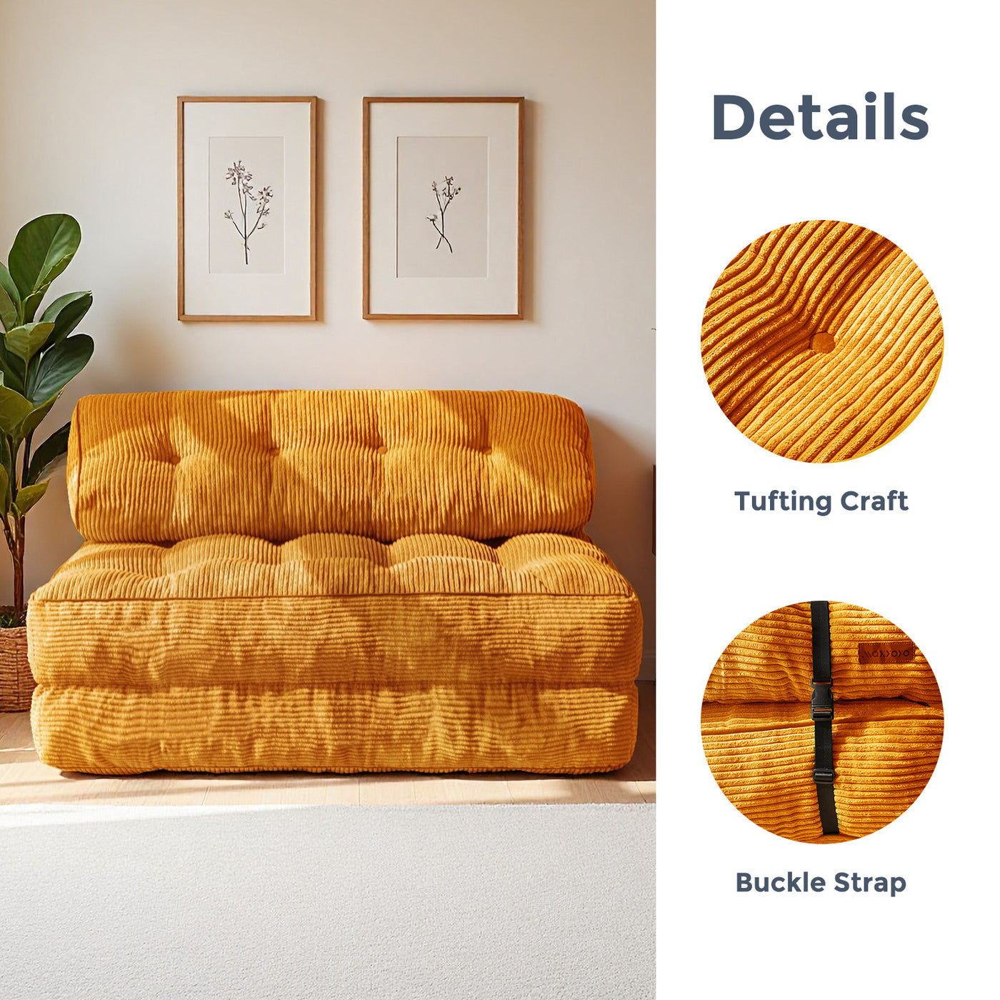 MAXYOYO Corduroy Folding Sofa Bed, Convertible Sleeper Chair with Pillow Foldable Mattress with Back Support(Double), Orange
