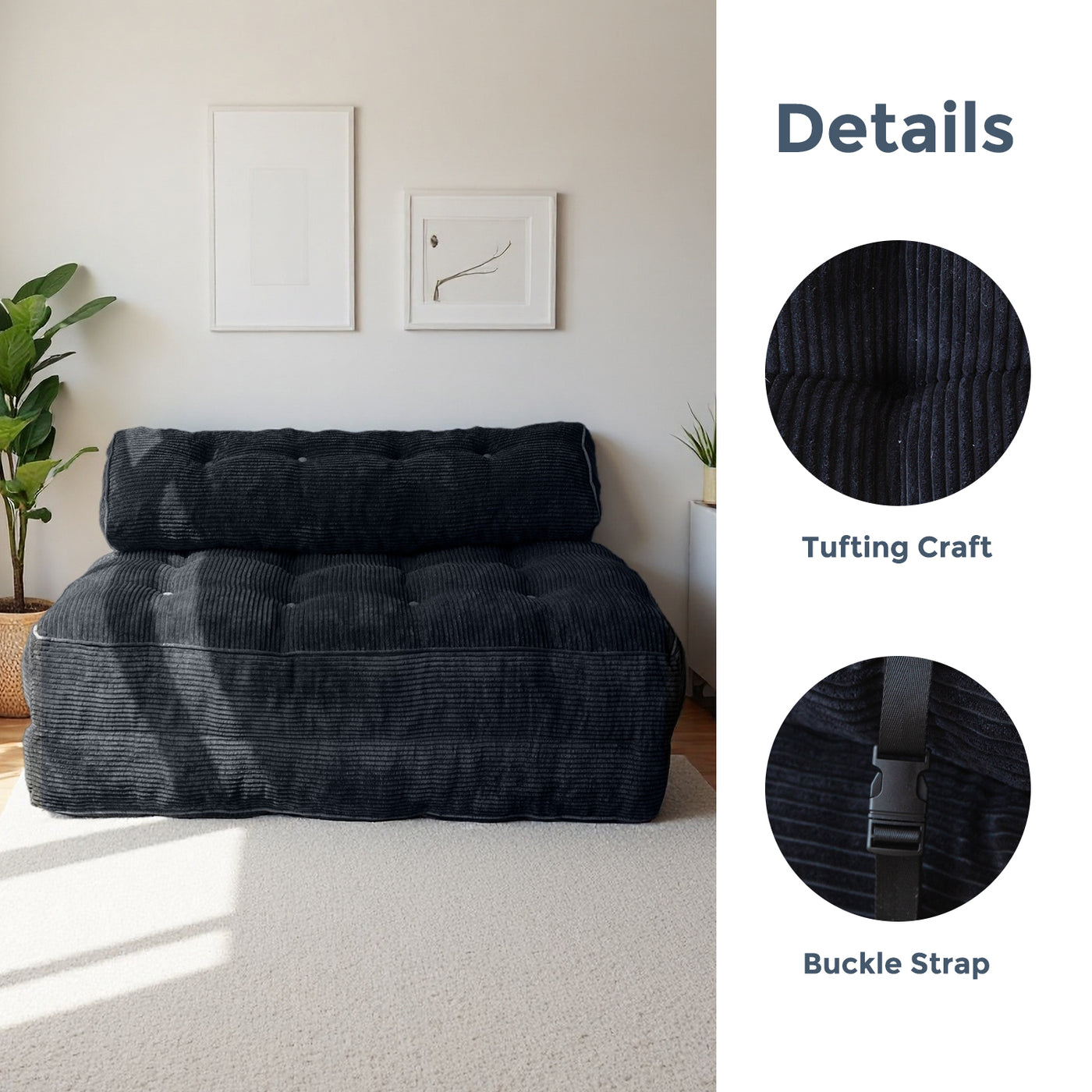 MAXYOYO Corduroy Folding Sofa Bed, Convertible Sleeper Chair with Pillow Foldable Mattress with Back Support(Double), Black