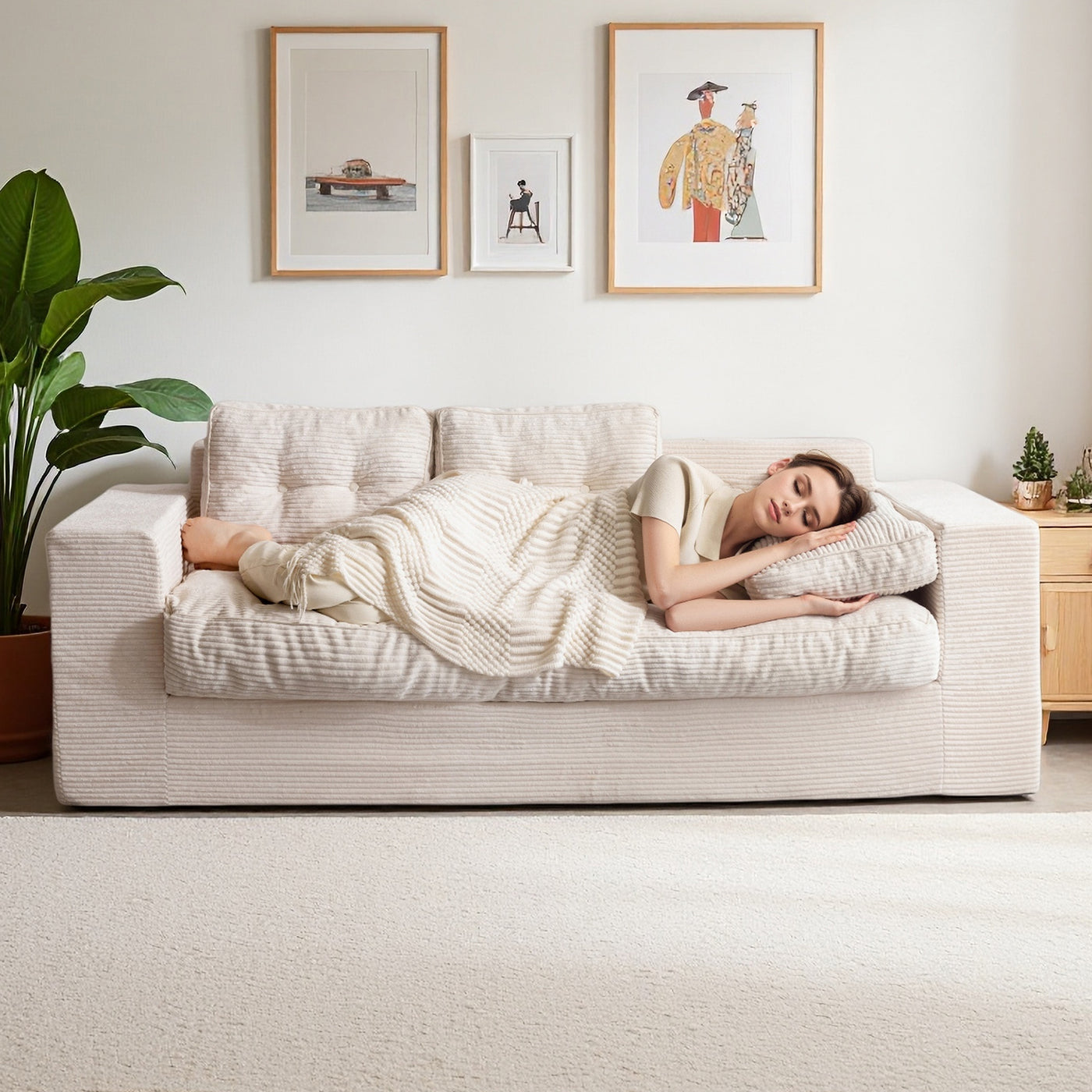 MAXYOYO 3 Seater Couch for Living Room - Boneless Couch, Sofa in A Box, No Assembly Required, Beige