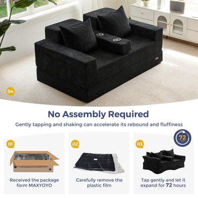 MAXYOYO Loveseat Sofa Bed, 4 in 1 Foldable Floor Sofa Couch in A Box with 2 Cup Holders, Convertible Boneless Couch Folding Recliner Sleeper Chair for Living Room, No Assembly Required