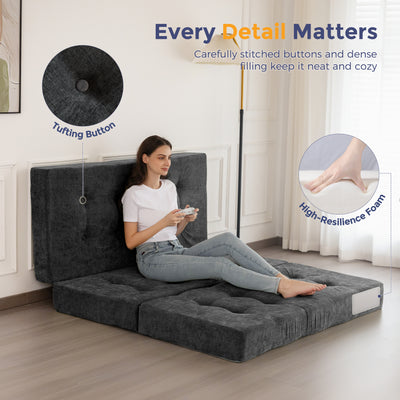 MAXYOYO Tri-Fold Mattress, 6 Inch Tufted Folding Mattress with Chenille Fabric, Portable Queen Size Floor Guest Mat for Adults, Foldable Topper for Camping