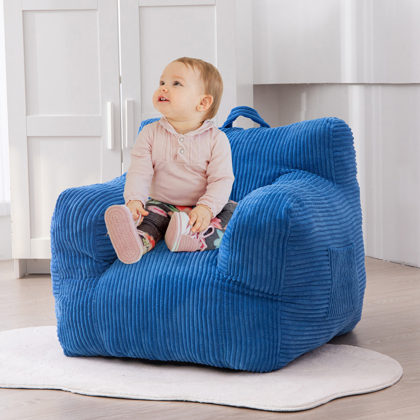 MAXYOYO Kids Bean Bag Chair, Corduroy Bean Bag Couch with Armrests for Children's Room (Blue)