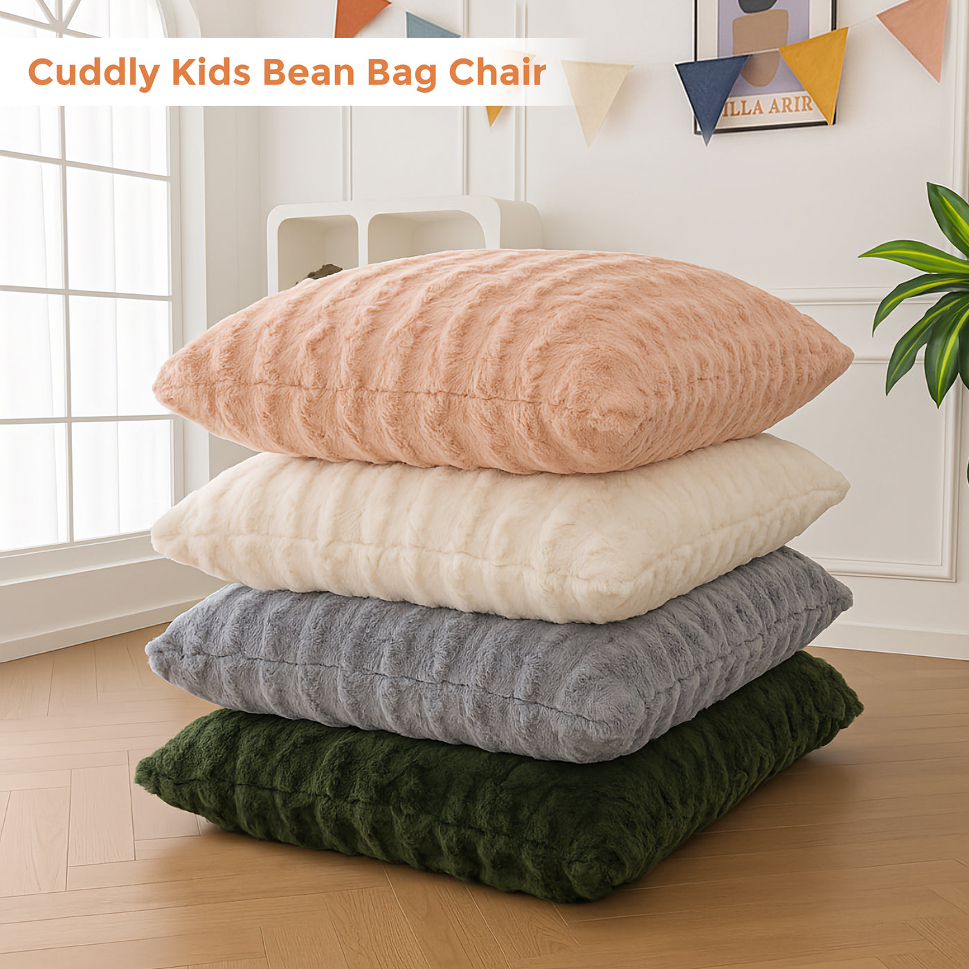 MAXYOYO 3 in 1 Kids Bean Bag Chair Bed, Child Floor Sofa for Gaming, Reading, Faux Fur Floor Mattress with High-Density Foam Filling for Living Room Bedroom