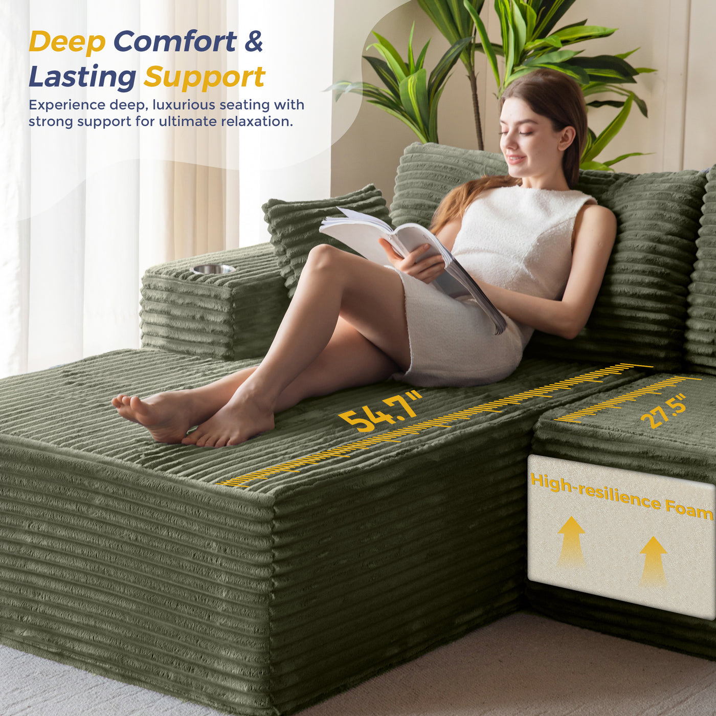 MAXYOYO 104" Modular Sectional Couch with L-Shape Chaise, Modern Boneless Couch for Living Room, Sofa in A Box, Oversized Sofa Sleeper with Deep Seat, No Assembly Required, Green