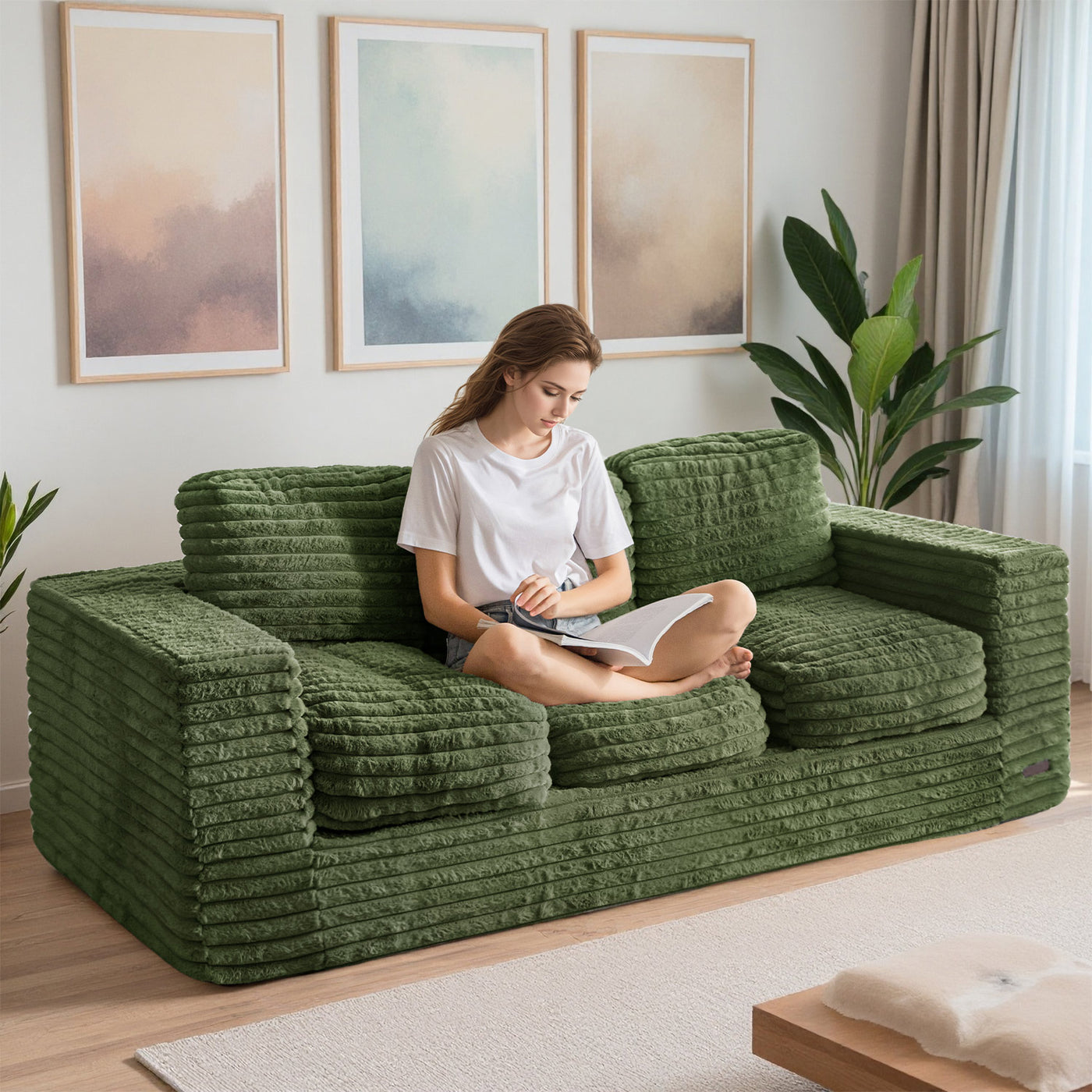 MAXYOYO 3-Seater Faux Fur Sofa – Fluffy Boneless Couch with Pillows in a Box, Faux Fur Lounge, No Assembly