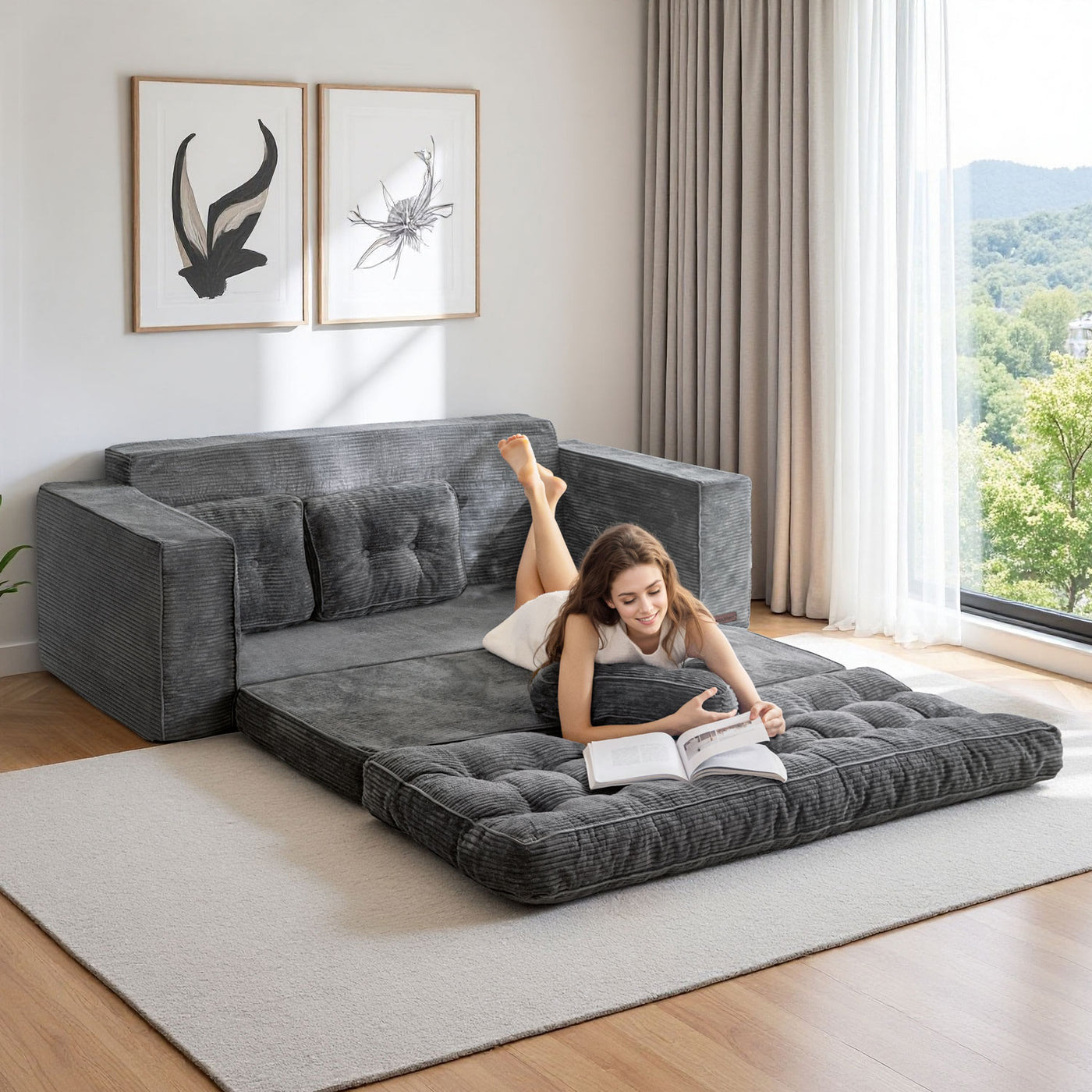 MAXYOYO 3-Seater Convertible Sofa Bed – Corded 2-in-1 Pull-Out Floor Couch with Pillows for Living Room, No Assembly