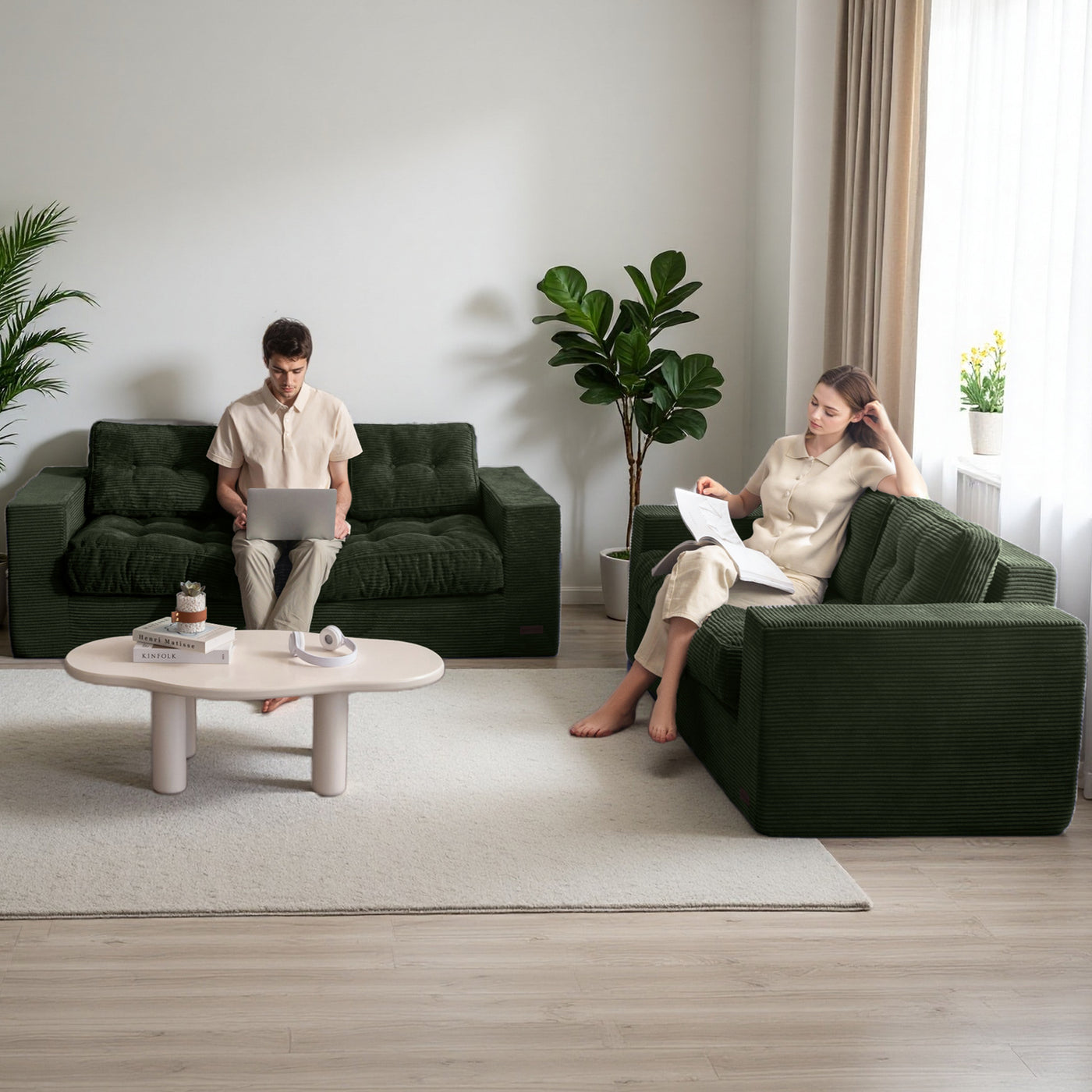 MAXYOYO 3 Seater Couch for Living Room - Boneless Couch, Sofa in A Box, No Assembly Required, Green