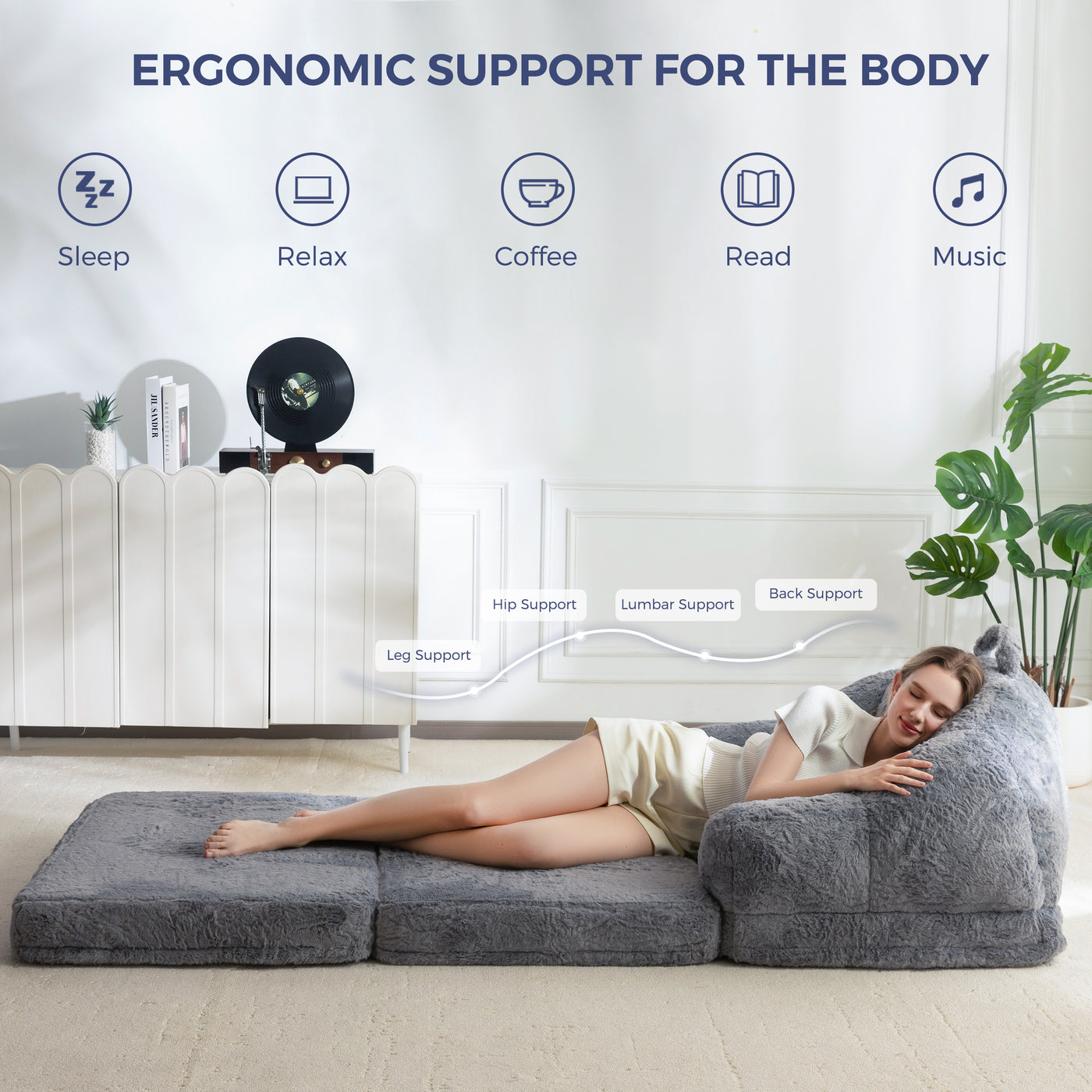 MAXYOYO Folding Sofa Bed, 2 in 1 Convertible Sofa to Lounger Comfy Single Bean Bag Chair for Adults, Floor Sleeper Couch with Handle, Faux Fur Couch Bed for Living Room Bedroom, Grey