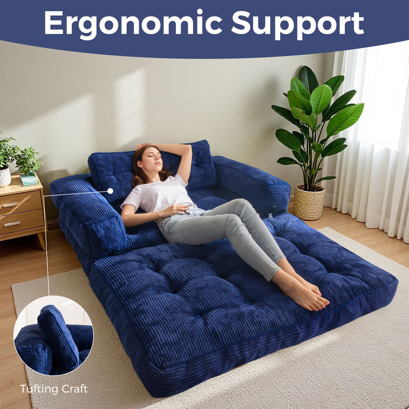 MAXYOYO L-Shaped Sofa Bed with Armrest – 2-Seat Foldable Couch for Living Room or Guest Room, Navy