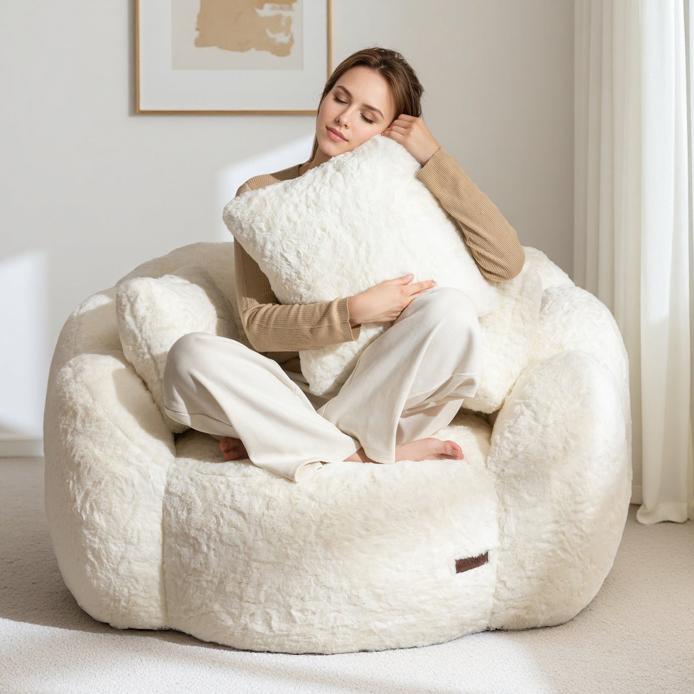 MAXYOYO Oversized Floral Bean Bag Chair – Ultra Soft Faux Fur Lounge Sofa with 3 Pillows, Beige