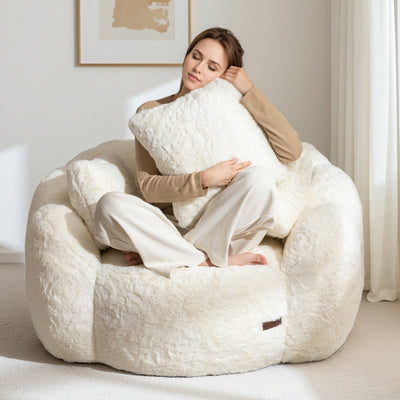 MAXYOYO Oversized Floral Bean Bag Chair – Ultra Soft Faux Fur Lounge Sofa with 3 Pillows, Beige
