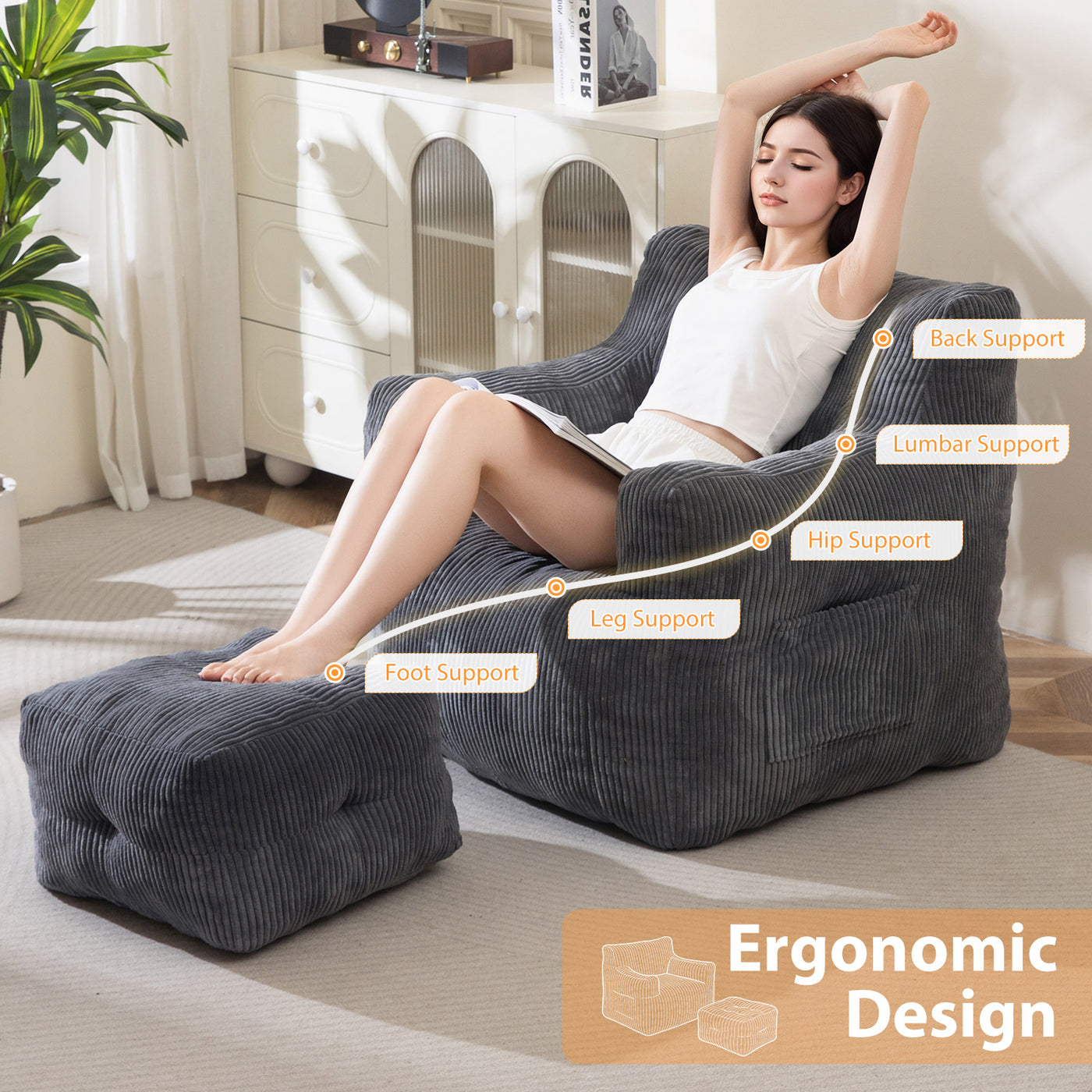MAXYOYO Tufted Bean Bag Chair with Ottoman, Corduroy Bean Bag Couch Lazy Chair with Filler for Adult, Grey